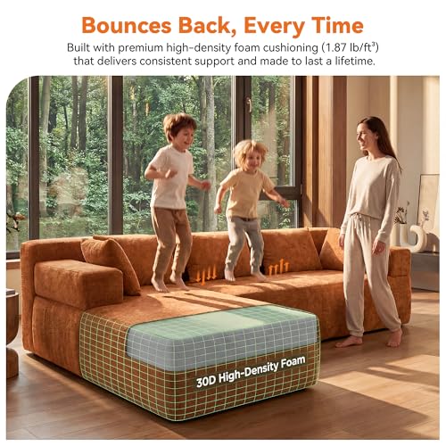 Image of MONVANE 106 inch Cloud Sectional Couch with L-Shaped Chaise, Modular Sectional Sofa with Deep Seat and Removable Armrests, Comfy Chenille Boneless Couches for Living Room, No Assembly Required, Orange