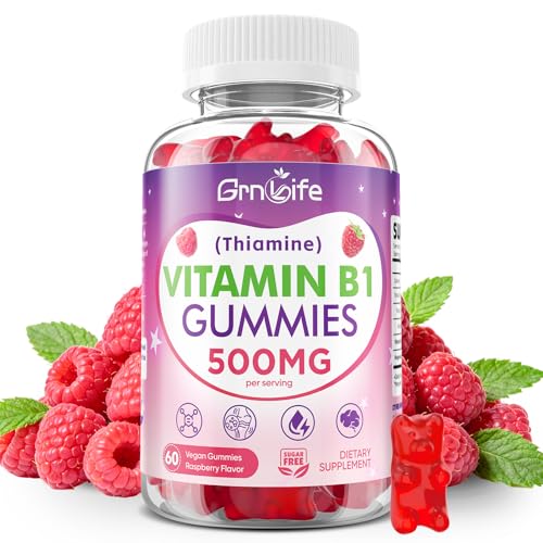 GrnLife Vitamin B1 Gummies 500mg for Adults & Kids High Potency Thiamine B1 Supplement for Energy & Nervous System Support Sugar-Free Raspberry Flavor 60 Count