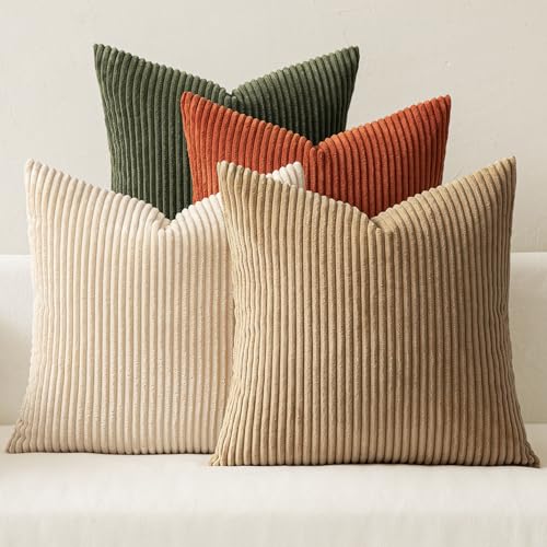 Image of MIULEE Boho Farmhouse Throw Pillow Covers 18x18 Inch Set of 4 Rustic Modern Neutral Cushion Covers Soft Corduroy Nordic Fall Home Decor for Couch Bed Sofa Living Room Rust-Olive Green