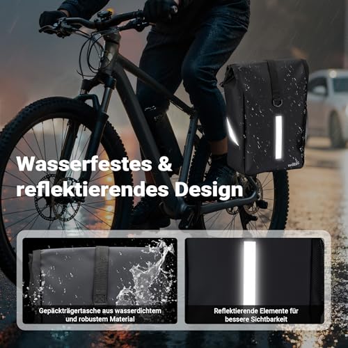 Wiltec Gepäckträgertasche matt schwarz, Fahrradtasche Gepäckträger 16 l Stauraum, Gepäcktasche mit Tragegurt, wasserresistente Fahrrad Tasche