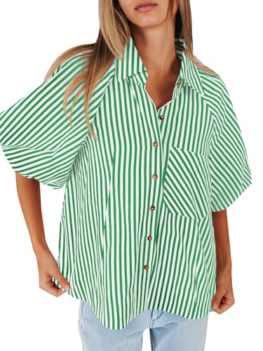 Image of Tankaneo Womens Short Puff Sleeve Button Down Shirts Striped Trendy Casual Loose Fit Blouse V Neck Collared Tops