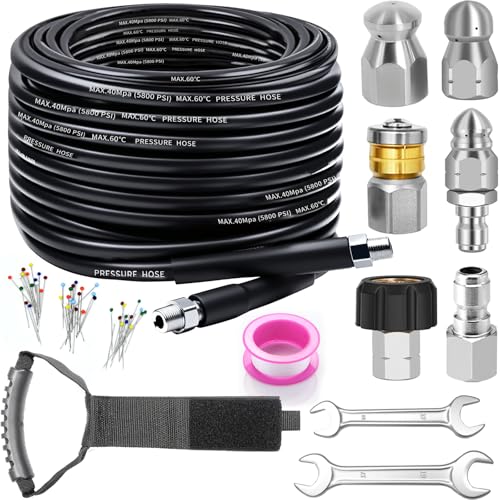 Sewer Jetter Kit for Pressure Washer 100FT Drain Cleaner Hose 5800PSI with 1/4 Inch NPT Corner Rotating Nozzle and 4 Different Button Nose Sewer Jet Nozzles Waterproof Tape and 2 Spanners (Black)
