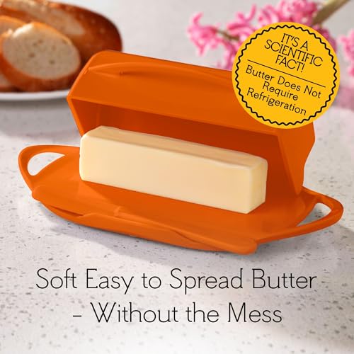 Image of Butterie Flip Top Butter Dish with Attached Lid & Matching Knife - Holds 2 Sticks, Fits Kerrygold /European Butter - BPA Free & Dishwasher Safe - Orange
