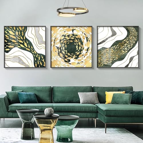 Pintura abstracta de peces verde dorado posters modernos en lienzo de 3 piezas para pared de salon