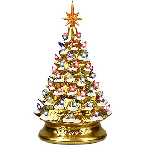 Goplus Pre-Lit Hand-Painted Ceramic Christmas Tree, Tabletop Xmas Decor, with 66 Multicolored Lights and Top Star, Forever Lighted Holiday Centerpiece (15in, Gold) Cover