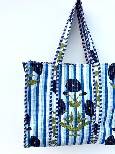Image of Quilted Cotton Handprinted Reversible Large multicolor Floral Tote Bag,Hand Block Print Shopping Shoulder Carry Bag