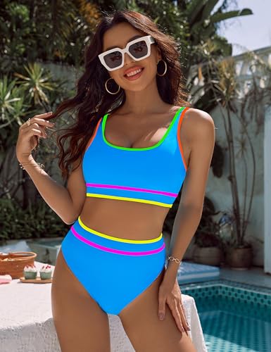 Image of BMJL Women's High Waisted Bikini Sets Sporty Two Piece Swimsuits Color Block Tummy Control Modest Bathing Suit