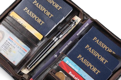 Image of Passport Holder for Travel Family with Strap Genuine Leather RFID Blocking Travel Document Organizer Wallet with Pen Holder, Antiqued