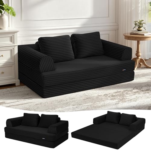 Image of COMAX Convertible Sofa Bed, Folding Floor Couch Corduroy Fold Out Couch Bed Futon Sleeper Mattress with Pillows, Boneless Sofa Comfy Lounge Loveseat for Living Room Bedroom, Plush Black