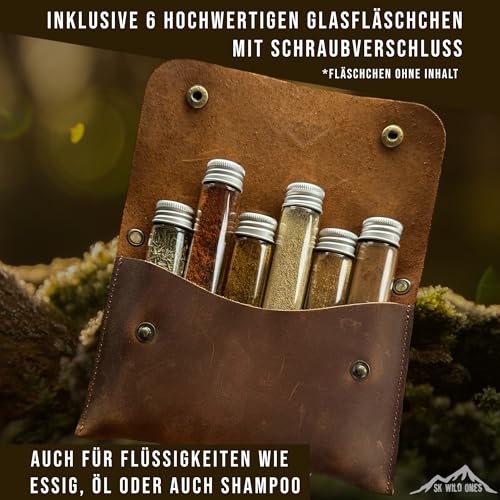 SK Wild Ones® Outdoor Gewürztasche - Echtleder Mit 6 Gewürzdosen Camping - Bushcraft - Reise Gewürze Set - Gewürzbehälter Camping - Outdoor vanlife zubehör Gewürze Set Camping, Spice bag,