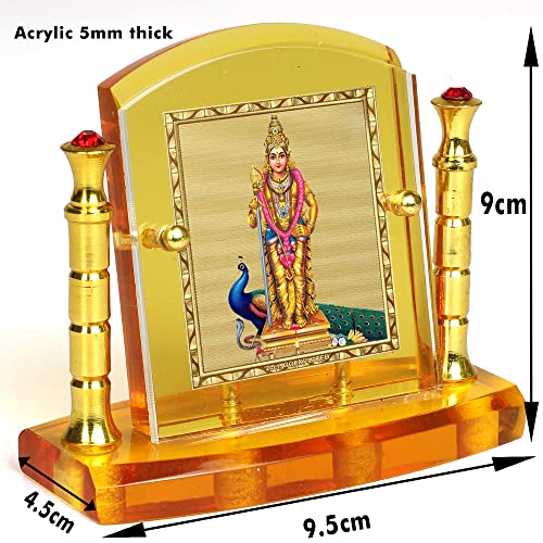 Image of Eknoor 24 Carat Gold Plated Foil on Solid 5MM Thick Acrylic Base Murugan Ji Kartikeya Ji with Peacock God Idol with Golden Frame with for Car Dashboard, Puja Ghar and Offices (GFWP), Idol