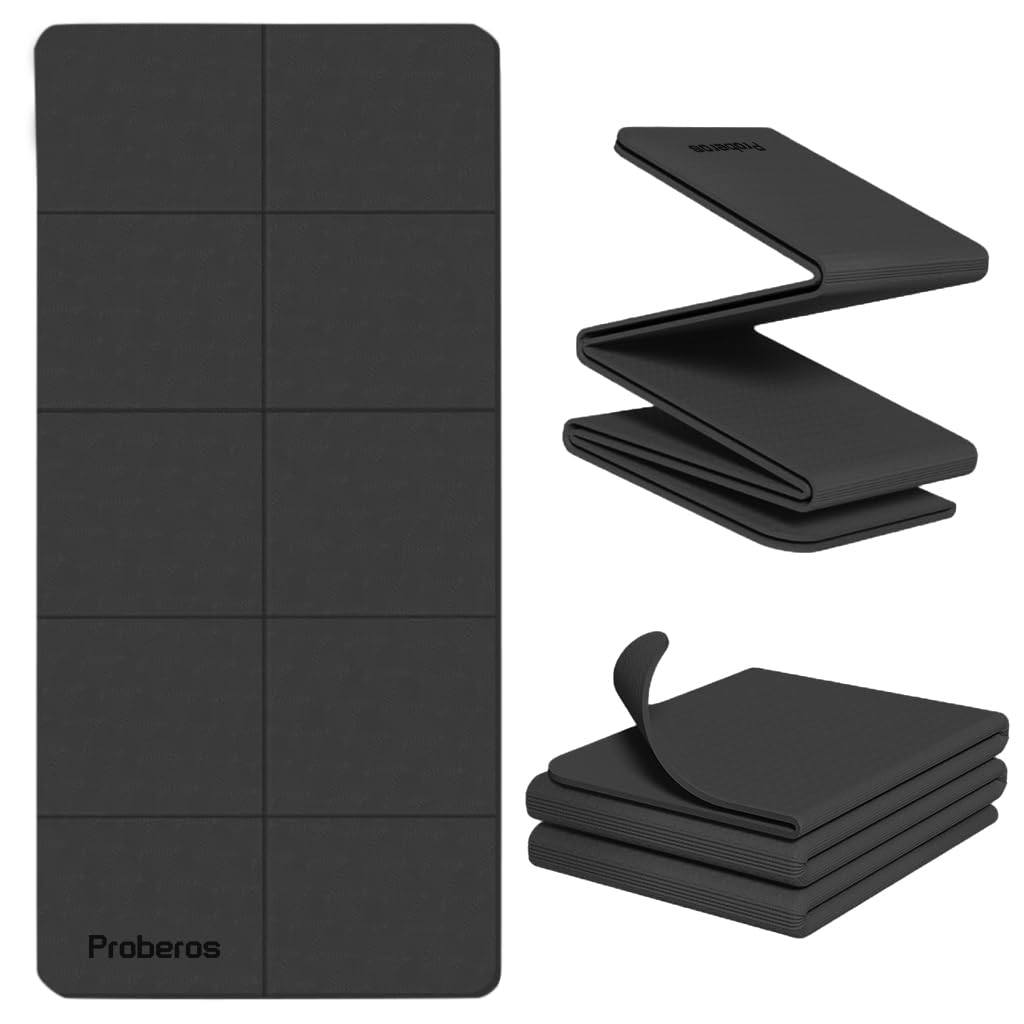 Proberos® Folding Yoga Mat with Carry Bag, Anti-Slip TPE, 5mm Thick, 72x24 Inch, Black, Portable & Eco-Friendly Exercise Mat for Home, Gym, Travel, Women & Men, Pilates, Fitness Workouts