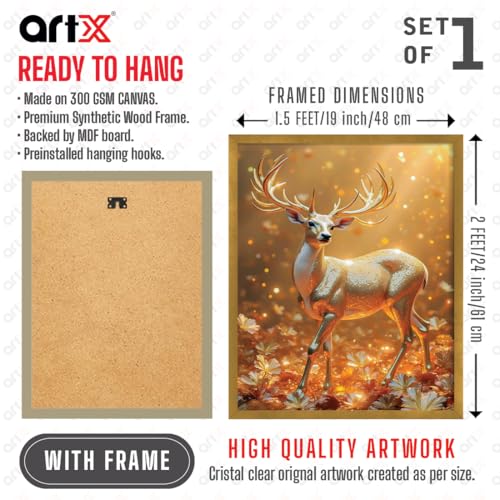Image of ArtX Canvas Vastu Golden Deer Wall Painting, Big Size Canvas Painting For Living Room, Bedroom, Multicolor, Abstract, 61.0 X 48.0 cm, Set of 1