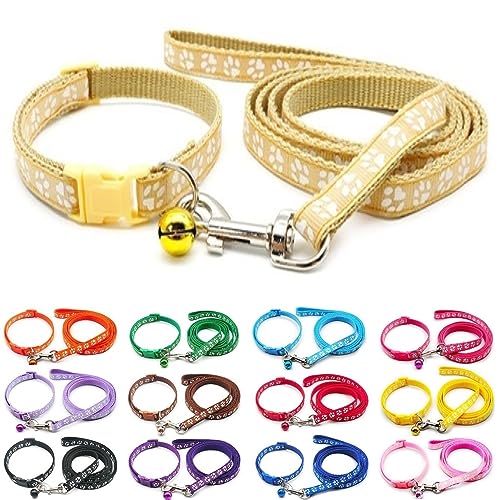 Small Dog Puppy Pet Collar and Lead Set Pawprint Design Nylon Adjustable Size 19-32cm Collar with Bell and 120cm Leash Khaki Beige