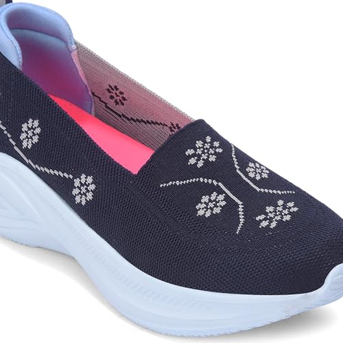 Image of Liberty LEAP7X GLOWSTAR-E Slip-On Sneakers for Women - Peach & Navy Knitted Casual Shoes | Memory Foam Cushioned Insole, Lightweight Slip-On Shoes for Walking, College & Casual Outings