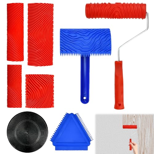 Tampón efecto madera, 4 piezas, herramientas para pintura con vetas de madera, rodillo para pintura con estructura de madera, decoración de pared, herramientas de bricolaje (color rojo, 7,5/9/13/15