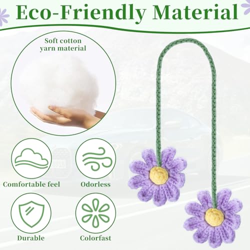 2 PCS Crochet Daisy Car Accessories for Women, Car Rearview Mirror Hanging Accessories, Handmade Cute Cars Accessory for Women Aesthetic, Crochet Flowers Purple Cars Decor (Purple)