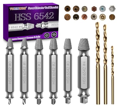 Juego de 6 Extractores de Tornillos + 3 Broca espiral, Acero Rápido HSS 6542 (63-65 HRC) Modelo Mejorado, Ideal para tornillos rotos, dañados o difíciles, Extractores de doble función