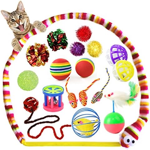 Cat Toys Kitten Toys Assortments 18pcs Interactive Wand Cat Teaser Kitten Toys with Cat Balls, Chew Toys,Cat Tumbler, Mouse, and Yarn Ball, Crinkle Balls for Cat, Puppy, Kitty by PupMoe