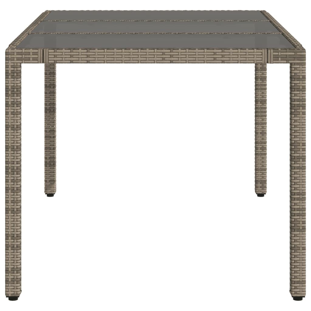 Stół ogrodowy ze szklanym blatem, szary, 150 x 90 x 75 cm, polirattan, malowana proszkowo rama stalowa, odporna na promieniowanie UV, nowoczesny design stołu na zewnątrz na taras i do ogrodu