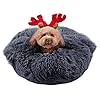 suddus Anti Anxiety Dog Bed with Blanket Attached Hooded Dog Bed for Medium Dogs Round Soft Fluffy Donut Snuggle Dog Bed Washable Drak Grey 26