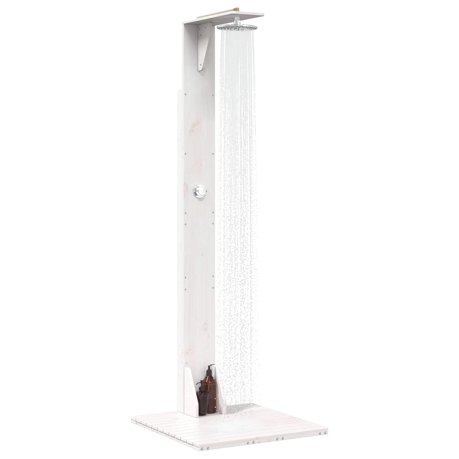 Doccia da esterno in legno massello di pino e acciaio inox, bianco, 214,5 cm, resistente alle intemperie, regolabile in altezza, soffione girevole adatto per giardino, piscina, spa, jacuzzi