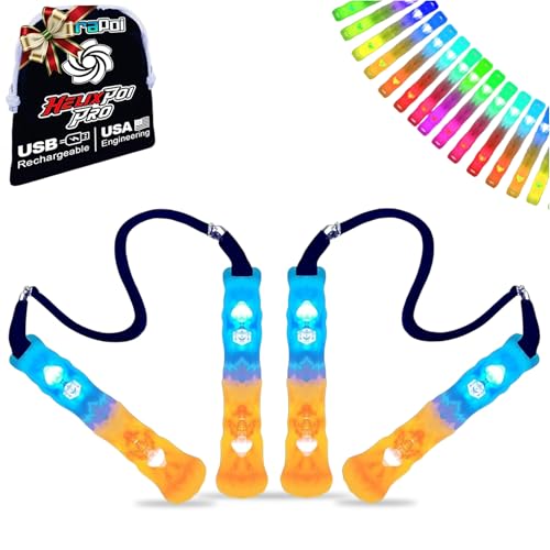 Product Image of the UltraPoi HelixPoi Pro Set – Rechargeable LED Poi w/ 50+ Color Modes – Spinning Light Flow Toys w/Non-LED Knob Handles, Soft Cases & Adjustable Leashes – Visual Poi for Rave, Parties & Performance