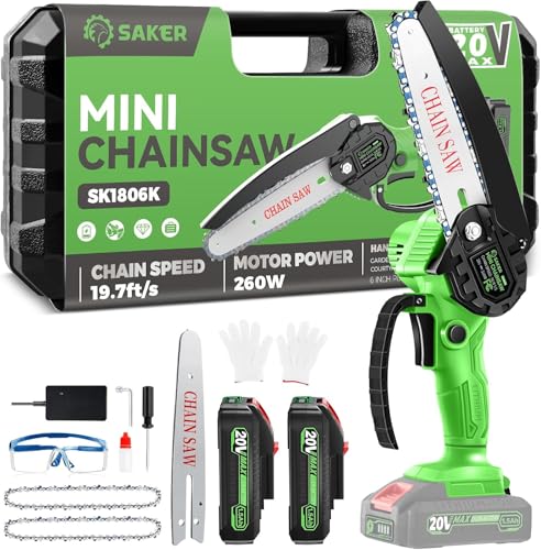 Saker Electric Mini Chainsaw 6 Inch Cordless Handheld Chainsaw Battery Powered Saw Suitable for Cutting Wood Trimming Woodworking Green 2 Batteries