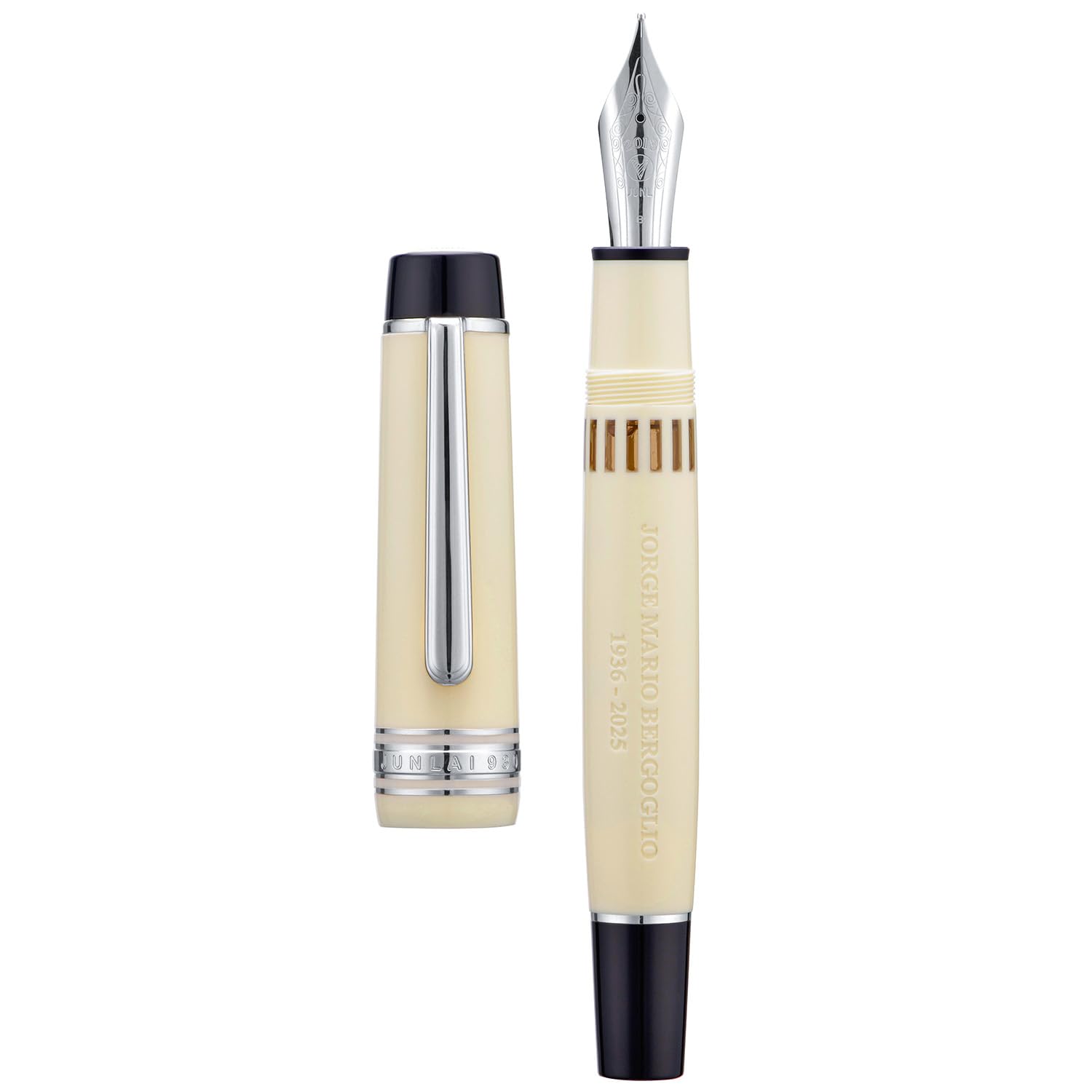 Wikult Yongsheng Junlai 930 Piston Fountain Pen, Ivory White Size 9 Iridiun Fine Nib, Fence Ink Tank Flat Top Design with Pope Memorial Engraving