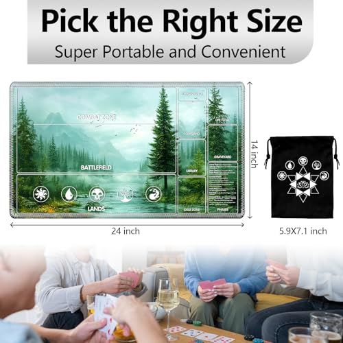 Image of for MTG Playmat with Card Storage Bag,Non-Slip Rubber Base & Smooth Surface 24x14in,Beginner-Friendly Magic Mat for Commander Deck,Foggy Forest Green
