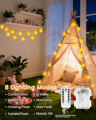 Image of Easter Decoration String Lights, 10 FT 12 LED Eggshell Chicken Mantel Garland Battery Operated with Remote Timer 8 Modes, Hemp Rope Banner for Fireplace Table Wall Spring Party Indoor Outdoor Decor