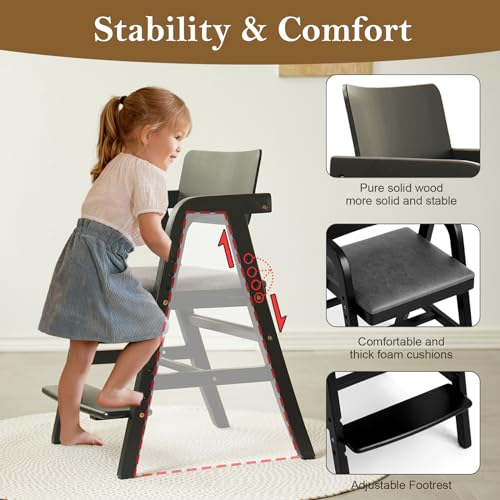 Image of Solid Wood High Chair for Toddlers to Teens, Adjustable Height Toddler Dining Chair, Easy to Clean Toddler Highchair with Removable Soft Cushion for Dining, Studying, Step Stool, Black