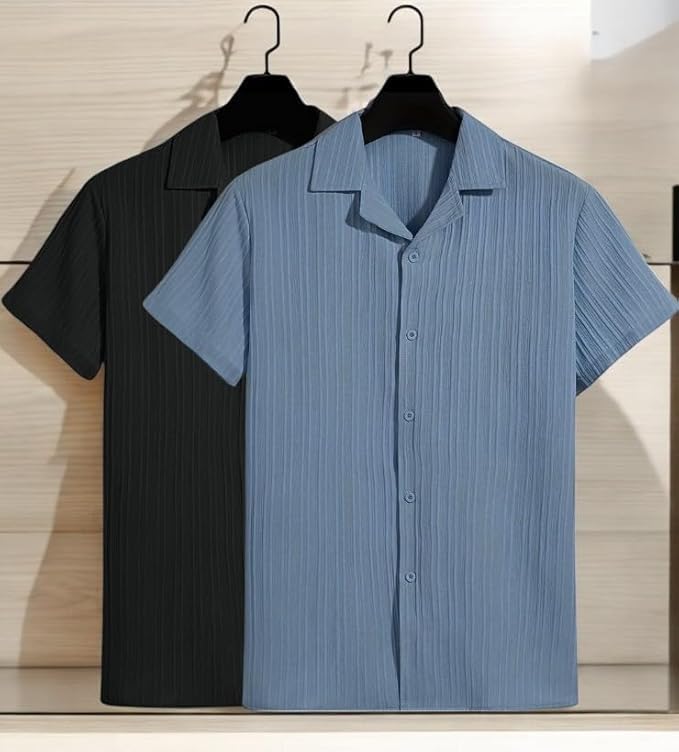 Image of Men's Textured Short Sleeve Button Down Shirt, Collared Pack of 2