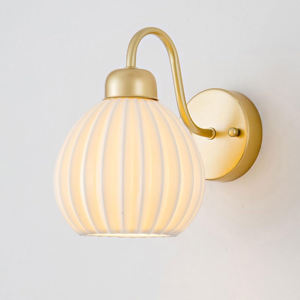 Applique da Parete Dorata, Luce nordica da Comodino con Paralume in Ceramica, Lampada Moderna Bianca E27 a Cablaggio Fisso, apparecchio di Illuminazione per la Decorazione della ca