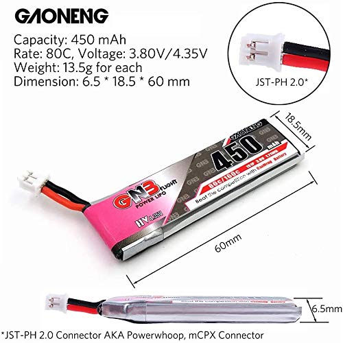 4 Stück 450mAh 1S HV 3,8V LiPo Akku 80C JST-PH 2.0 PowerWhoop mCPX Anschluss für EMAX Tinyhawk Bürstenlose Micro Racing… – Bild 3