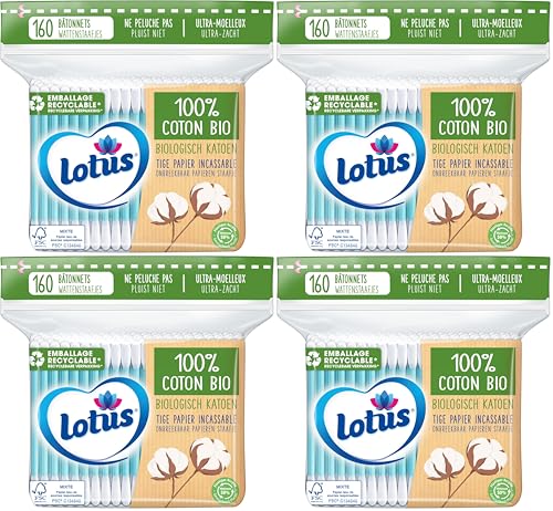 Lotus Coton-Tiges en Papier et Coton Bio - Sachet 160 Bâtonnets (Lot de 4)