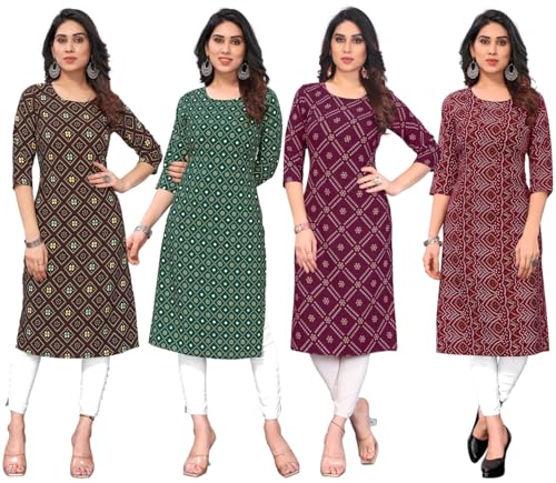 Image of JAKHANA Women's Crepe Printed Casual Straight Calf Length Round Nick Kurta Pack of 4