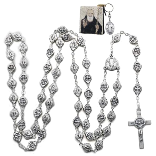 Rosario de San Benito de metal con llavero sagrado y bolsa bordada