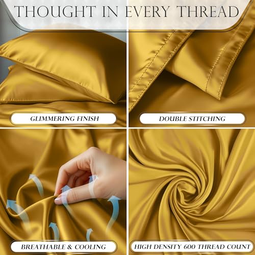 DECOLURE Satin Bed Sheets - 6 Piece Luxury Silky King Size Bedding Set - Softer Than Silk, Wrinkle-Free with 15” Deep Pocket Fitted Sheet, Perfect for Hair & Skin, Gifts for Women (Gold) - Image 4