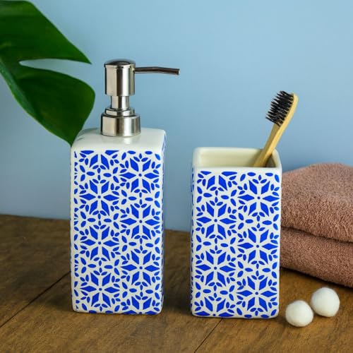 Image of Ceramic Bathroom Set of 2 - Blue & White | Soap Dispenser 330ml & Toothbrush Holder | Stylish Sink, Washbasin & Vanity Accessories
