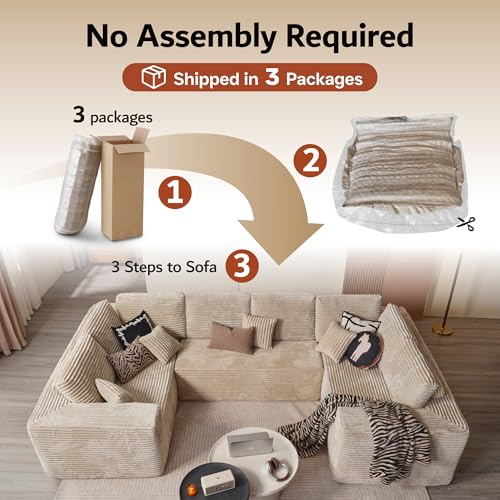 ovios Sectional Cloud Couch for Living Room, Modular Floor Sofa with Plush Corduroy, No Assembly Required, Big Comfy Couches Set with Fluffy Memory Foam, Stupendous U Shaped Sofas with Chaise, Beige