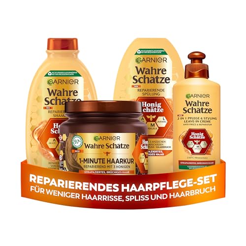 Garnier Wahre Schätze Haarpflege-Set Honig-Schätze reparierend für geschädigtes Haar mit Shampoo Spülung 1-Minute Haarkur Leave-In 4-teilig