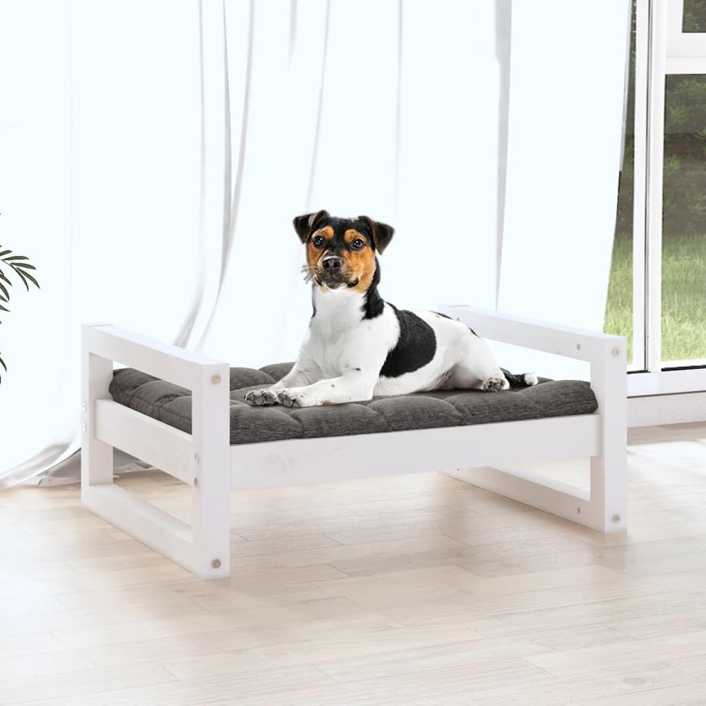 Cama para perros de madera de pino maciza, espacio para dormir estable para perros en blanco, diseño atemporal para perros pequeños, 55,5 x 45,5 x 28 cm, construcción robusta para el salón