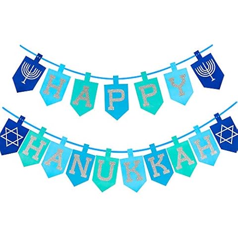 Happy Storm Hanukkah Decorations for Home, Glitter Happy Hanukkah Banner for Party, Blue Chanukah Bunting Ornaments Decor Indoor, Hanukkah Decorations Party Supplies Favors Cover