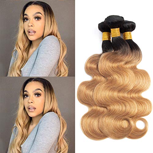 Ombre Bundles 1B/27 Human Hair Bundles Cheap Brazilian Body Wave Bundles Two Tone Dark Roots And Honey Blonde Hair Remy Virgin Hair Human Long Bundle 20 22 24 Inch