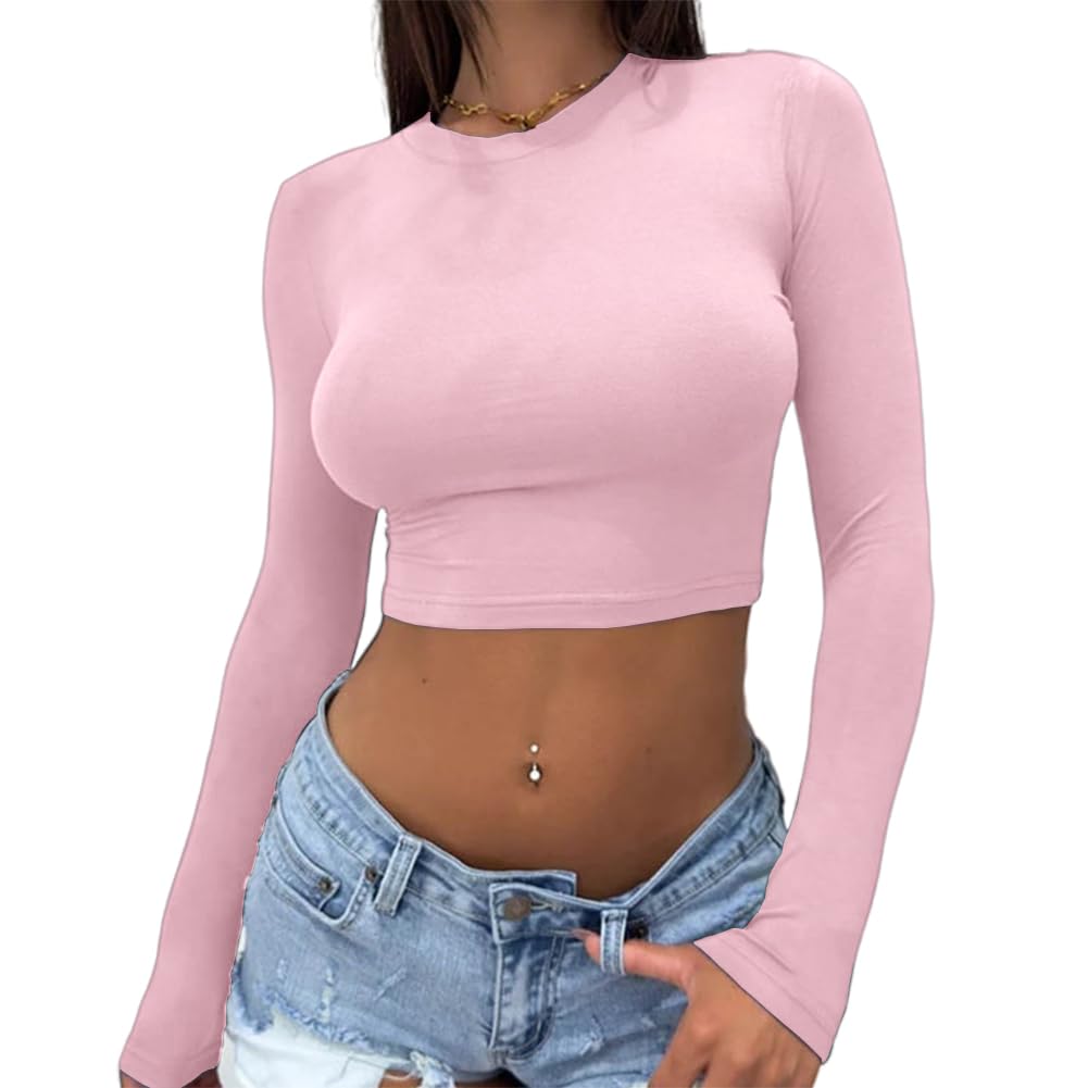 AbardsionWomen's Sexy Long Sleeve Crop Top 2024 Crew Neck Basic Fitted Tight Cropped T Shirts