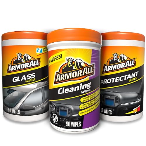 Armor All Protectant, Glass and Cleaning Wipes, Wipes for Car Interior and Car Exterior, 90 Count Each (Pack of 3)