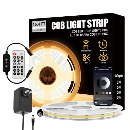 Image of COB LED Strip Light 16.4ft, Warm White 3000K,CRI93+ Super Bright High Lumen,Dimmable 24V Flexible LED Tape Light with RF Remote,for Cabinets,Bedroom&Office DIY Lighting