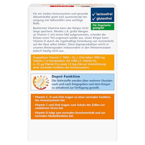 Doppelherz Vitamin C 1000 + D3 + Zink - Hochdosiert mit Vitamin C und Vitamin D zur Unterstützung des Immunsystems und zum Schutz der Zellen - 100 DEPOT-Tabletten