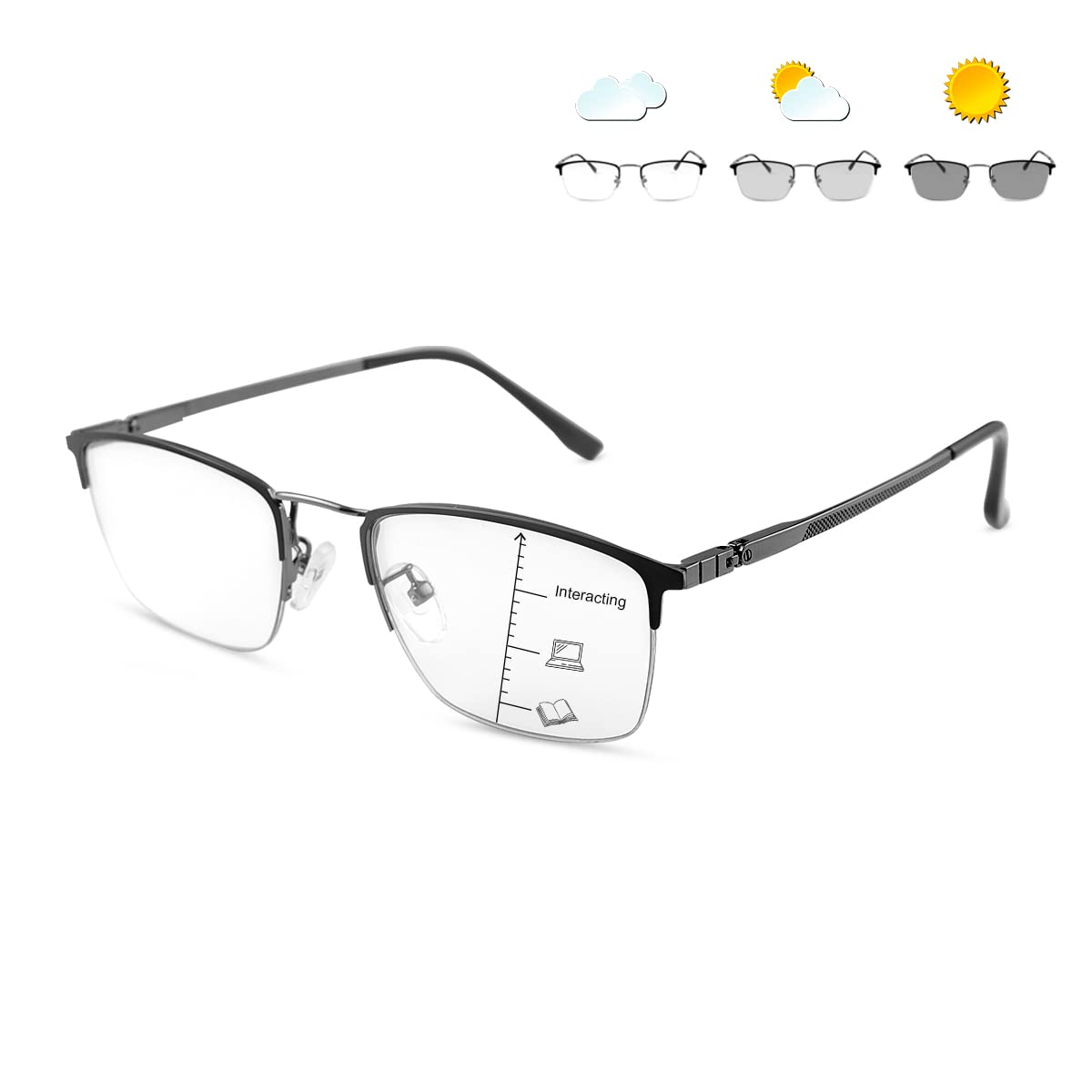 MIRYEA Zawiasy sprężynowe, fotochromowe, progresywne, wieloogniskowe, okulary do czytania, niebieskie blokowanie światła, okulary wieloogniskowe, czarny, 2.5